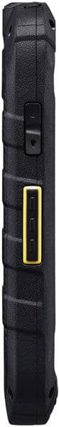 Kyocera Torque phone viewed from the rear, black rugged case with yellow accent stripe and belt clip attachment