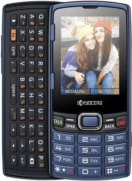 Kyocera Verve front view with slide-out QWERTY keyboard, display showing two women, messaging and contacts options visible on screen