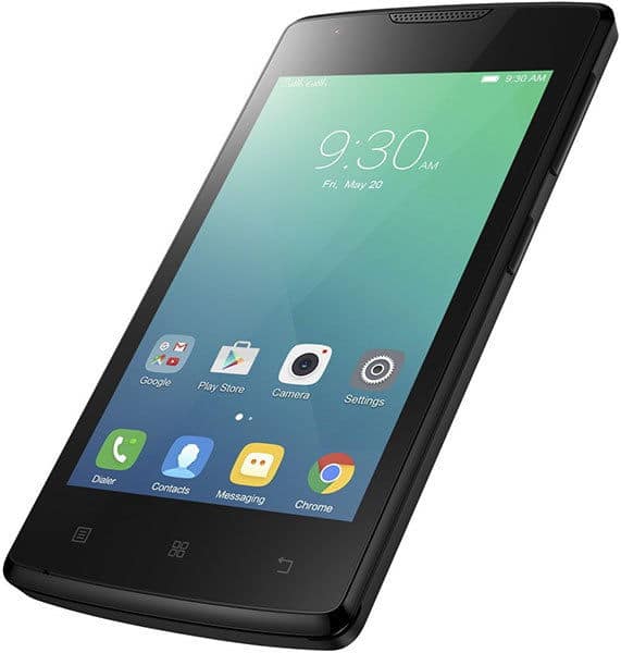 Lenovo A Plus smartphone in black, angled front view, screen on at 9:30 AM with app icons visible.
