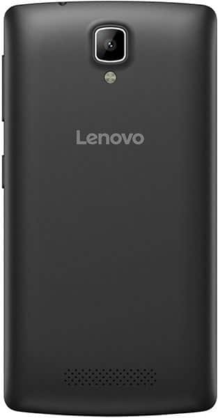 Rear view of black Lenovo A Plus showing rear camera, flash, central Lenovo logo, and bottom speaker holes.
