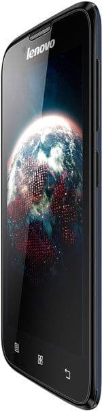 Lenovo A328 smartphone, front view, with Earth displayed on screen and touch buttons at bottom