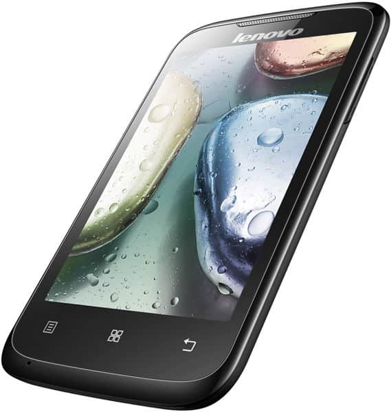 Lenovo A369i smartphone, front view, displaying colorful water droplet imagery on screen with black bezel and navigation buttons below