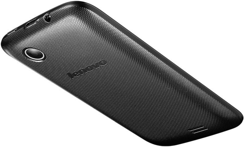 Lenovo A369i rear view, black textured back with camera lens and speaker grille