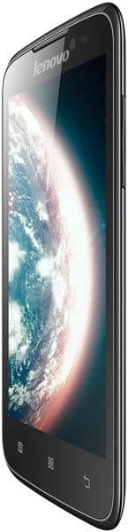 Lenovo A516 smartphone, angled front view, black with rounded edges and three touch buttons, Earth image on screen.