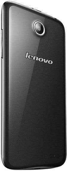 Rear view of black Lenovo A516 smartphone showing Lenovo logo, top rear camera, and bottom speaker grille.