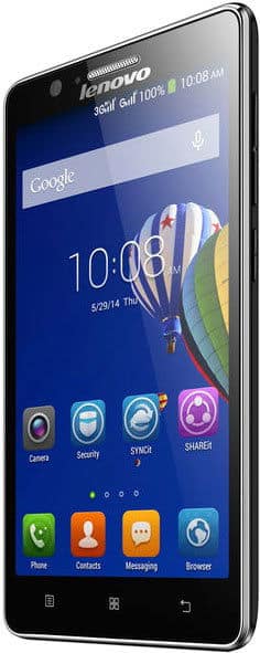 Front view of black Lenovo A536 showing home screen with app icons, hot air balloon wallpaper, and 10:08 AM time, May 29, 2014.