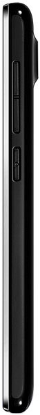Side view of Lenovo A536 black smartphone highlighting volume rocker, power button, metallic edge, and rear camera bump.