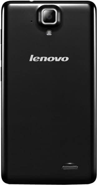 Rear view of black Lenovo A536 showing rear camera with flash, centered Lenovo logo, and bottom-right speaker grille.