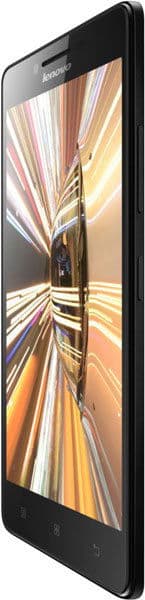 Lenovo A6000 smartphone shown from the front at an angle, displaying a colorful abstract sunburst pattern on its screen