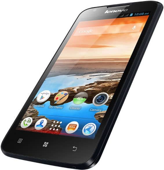 Lenovo A680 smartphone, angled front view, screen on with app icons and beach wallpaper; time displays as 10:08 AM.