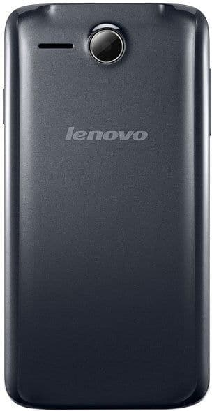 Rear view of black Lenovo A680 smartphone with single rear camera, speaker slot, and centered Lenovo logo.