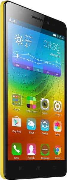 Lenovo A7000 smartphone, front view, displaying home screen with colorful gradient wallpaper and app icons