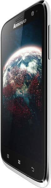 Lenovo A859 smartphone, front view, displaying Earth on screen with digital overlay effect