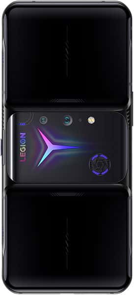 Lenovo Legion Duel 2 folded open, showing dark screen above and colorful Legion branding with camera array on lower display panel
