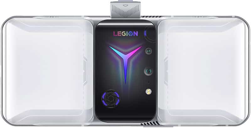Lenovo Legion Duel 2 gaming phone, front view, displaying Legion logo and RGB lighting on black screen with dual transparent side panels
