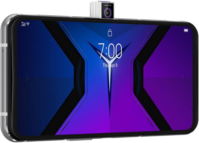 Lenovo Legion Duel 2 front view with pop-up camera, displaying time 7:00 and date on blue and purple themed lock screen