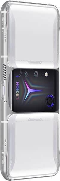 Lenovo Legion Duel 2 gaming phone, front view, displaying purple and blue logo on black screen between two transparent panels