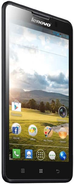 Lenovo P780 smartphone shown front-facing with home screen displaying landscape wallpaper and app icons including Phone, Social, and Maps