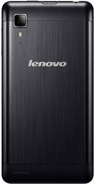 Lenovo P780 smartphone, rear view, showing black brushed metal back panel with camera and Lenovo branding