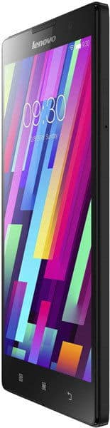 Lenovo P90 smartphone displayed at an angle, showing its front screen with colorful vertical stripe pattern and black bezels