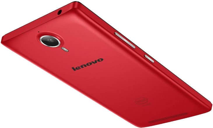 Lenovo P90 rear view, red smartphone with camera lens and Lenovo logo visible