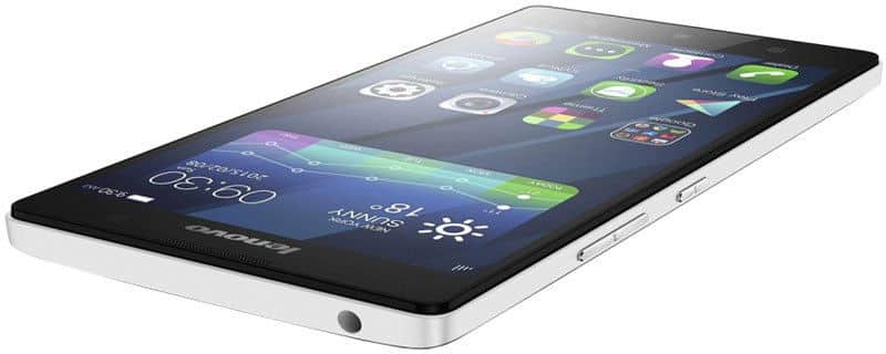 Lenovo P90 smartphone shown from front angle with screen displaying home screen and widgets, white bezel and black back