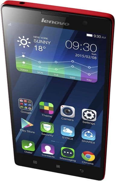 Lenovo P90 smartphone front view, red with blue weather widget and app icons on screen