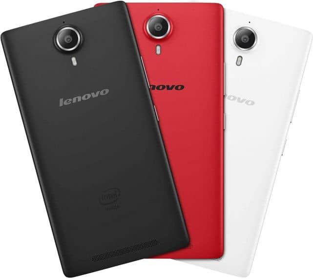 Lenovo P90 rear view in black, red, and white color variants, showing camera lens and branding