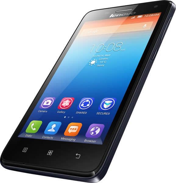 Lenovo S660 smartphone front view, displaying home screen with app icons including Camera, Gallery, Contacts, and Messaging at 10:08 AM