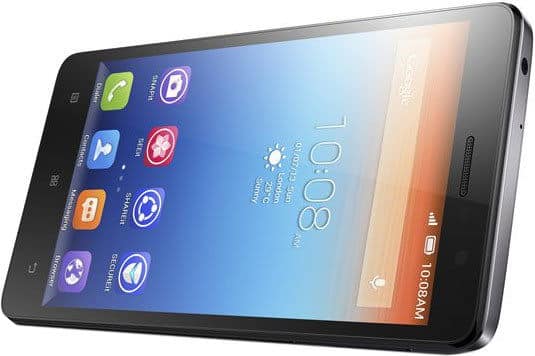 Lenovo S860 front angled view showing home screen with colorful app icons and 10:08 AM weather widget on white background.