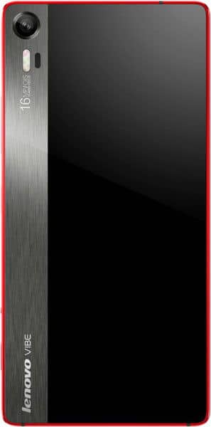 Rear view of Lenovo Vibe Shot: black and metallic finish, single rear camera with flash, "16 MP" label, Lenovo VIBE branding.