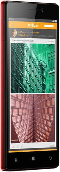 Lenovo Vibe X2 phone displayed at an angle, showing the front screen with a social media app featuring architecture photos, red side edge visible