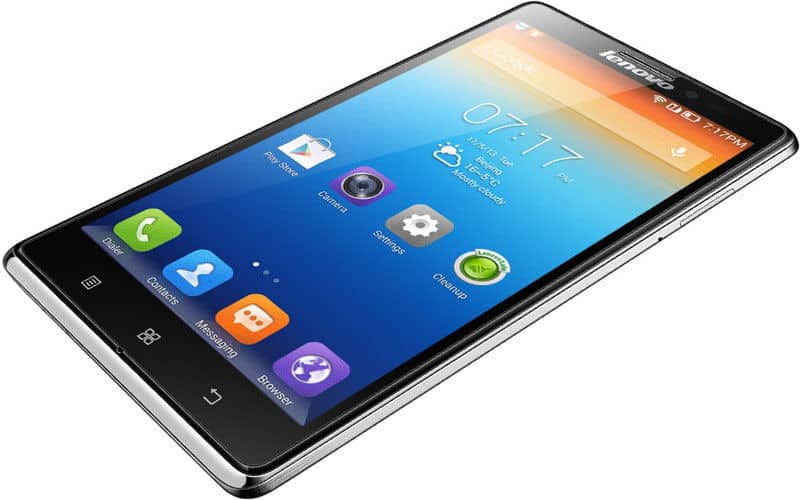 Lenovo Vibe Z smartphone angled to show front display with colorful app icons, time 07:17, black body, and silver edges.