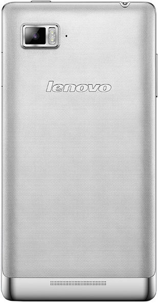 Rear view of silver Lenovo Vibe Z: camera and flash top left, Lenovo logo center, speaker grille at bottom.