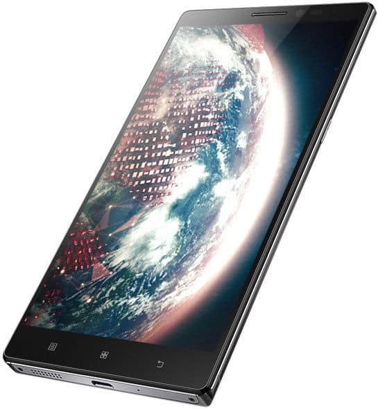 Lenovo Vibe Z2 Pro black smartphone at an angled front view, screen on showing Earth, three navigation buttons below display.