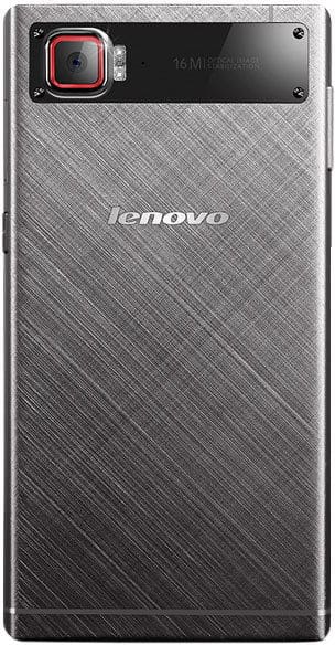 Rear view of Lenovo Vibe Z2 Pro showing brushed metal finish, square rear camera with red accents, "16M" label, and central logo.