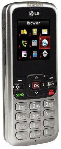 LG 100C front view, silver mobile phone with small screen displaying browser menu and numeric keypad