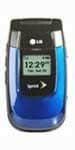 LG 150 flip phone, front view, blue and black exterior with small screen displaying time and icons