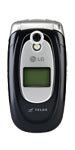 LG 200 flip phone, front view, open with silver and black exterior and small screen display