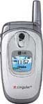 LG 2000 flip phone, front view, open with screen displaying blue display and silver casing