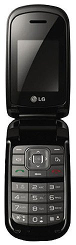 LG 231 flip phone, open, showing external screen and keypad in black