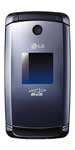 LG 385 flip phone, front view, open with blue screen display and dark exterior