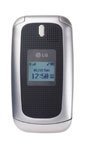 LG 410G flip phone, front view, silver and black exterior with small screen display
