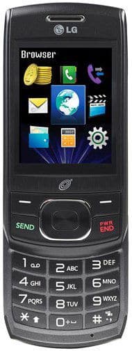 LG 620G front view, black mobile phone with screen displaying browser app icons and physical numeric keypad