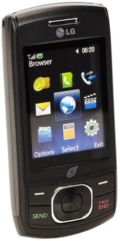 LG 620G front view, black phone with screen displaying Browser menu and app icons