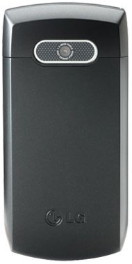 LG 620G flip phone, rear view, black with silver hinge and camera lens