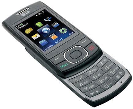 LG 620G front view, slider phone with touchscreen displaying app icons and physical keypad below