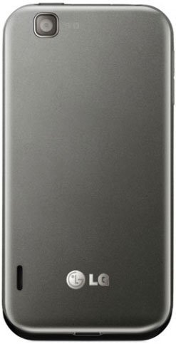 LG Optimus Sol, rear view, gray phone with camera and LG logo visible