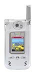 LG 8000 flip phone, front view, with small screen displaying colorful content and silver metallic exterior