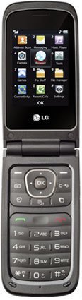 LG A341 flip phone with open display screen showing apps and icons, front view